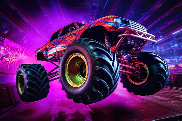 Monster truck with neon lighting, jumping off-road in cloud of dust. Excitement and thrill of an extreme sport, AI generated