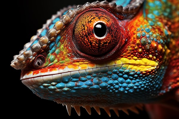 Vibrant close-up image capturing the intricate details and vibrant colors of a chameleon against a dark background, AI generated