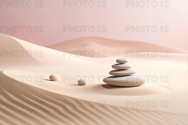 Zen stones stack on raked sand in a minimalist setting for balance and harmony. Balance, harmony, and peace of mind, wellness, meditation, and spirituality concept, AI generated