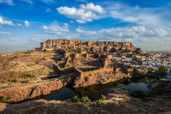 Mehrangarh Fort at sunset in Jodhpur, Rajasthan, India, Asia