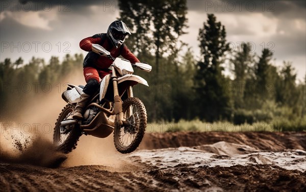 Motocross on an enduro motorcycle through mud and sand, a motorcyclist in gear and a helmet rides off-road, AI generated