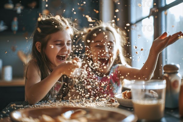 Two laughing children having fun and throwing muesli in the air at breakfast, AI generated, AI generated