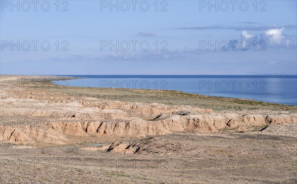 Lake behind canyons and eroded hills, Badlands, Valley of the Forgotten Rivers, near Bokonbayevo, Yssykkoel, Kyrgyzstan, Asia