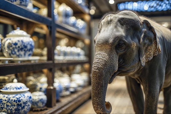 An elephant (Elephas maximus indicus) stands peacefully between shelves full of blue-patterned ceramic vases in a busy interior, AI generated, AI generated