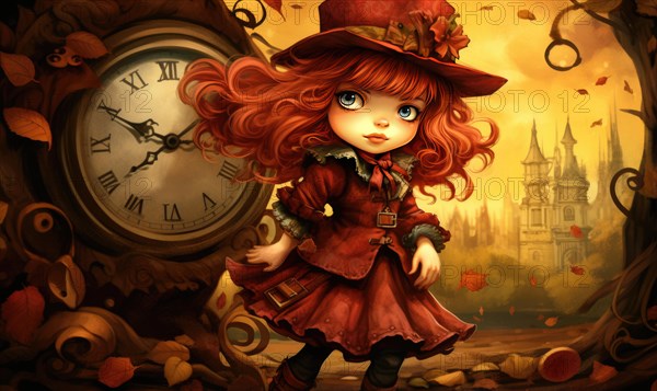 Whimsical fantasy illustration of a redhead girl with a giant clock and autumn leaves AI generated