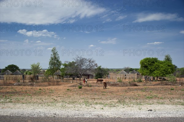 Small village settlement, village, african, village-like, blue sky, road, overview, near Guamare in Botswana