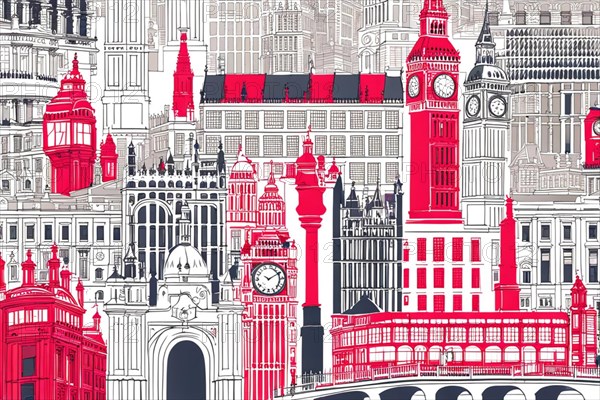An intricate London city drawing featuring a cityscape dominated by a prominent clock tower, in grey red tones over white background, ai generated, AI generated