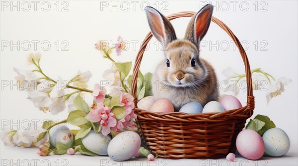 A rabbit sits in a wicker basket amidst colorful Easter eggs and spring flowers with a soft, festive atmosphere AI generated