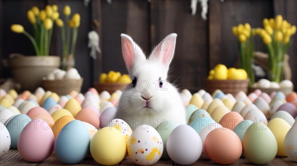 Easter bunny with eggs and tulips on a dark background AI generated