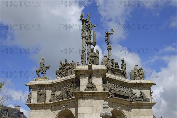 Calvary Calvaire, enclosed parish of Enclos Paroissial de Pleyben from the 15th to 17th century, Finistere department, Brittany region, France, Europe