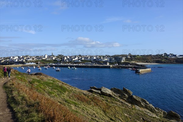 Harbour and commune of Le Conquet, seen from the Kermorvan peninsula, Finistere Pen ar Bed department, Brittany Breizh region, France, Europe