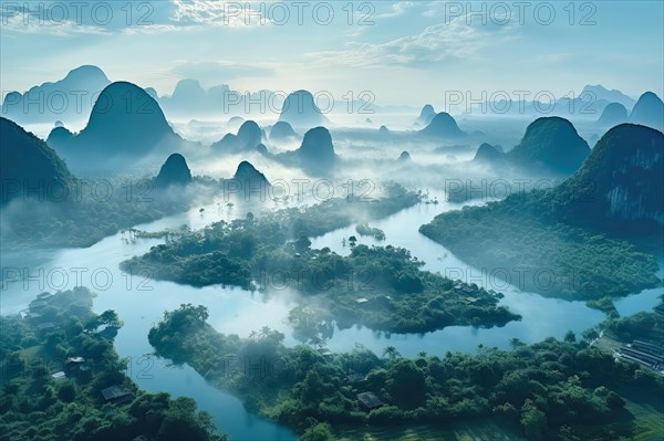 Surrealist aerial view of the Li River at Guilin, China, AI Generated, AI generated, Asia