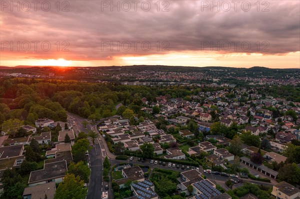 Atmospheric aerial view of residential areas in the light of sunset, Pforzheim, Germany, Europe