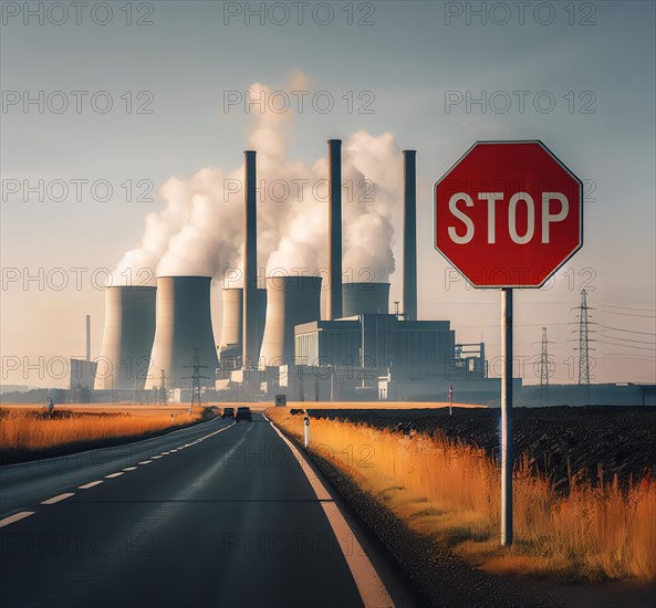 Climate change, climate crisis, global warming, symbolic image, a stop sign, a power plant with lots of smoke and fumes behind it, AI generated, AI generated