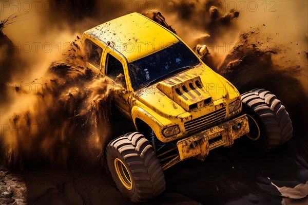 A dynamic aerial view of monster truck, with large tires, making its way off-road through rough terrain, kicking up dust and debris, AI generated