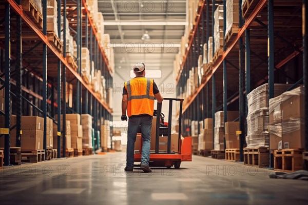 A worker in a reflective vest operates a forklift in a well-lit warehouse, navigating through aisles stacked with packaged goods. Efficiency and organization of a modern distribution center, AI generated