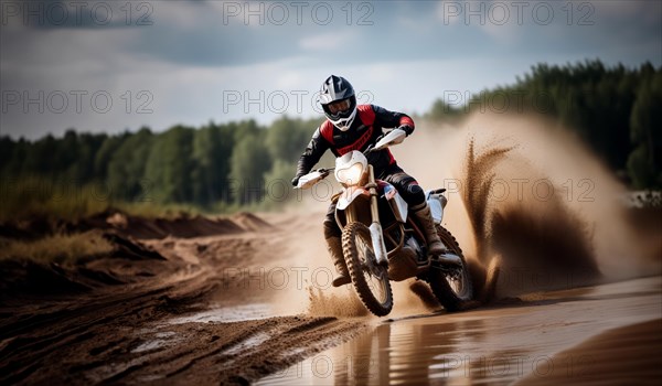 Motocross on an enduro motorcycle through mud and sand, a motorcyclist in gear and a helmet rides off-road, AI generated