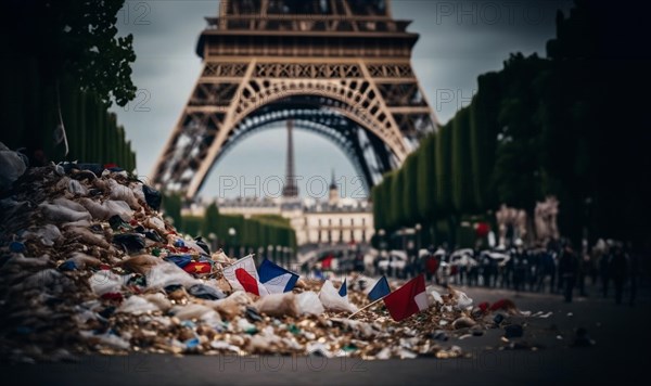 Garbage on the streets of Paris after sports competitions and concerts. Concept of the Olympic Games in Paris France 2024, AI generated