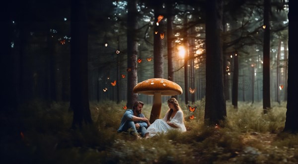 Couple resting in the forest under mushrooms, the concept of a fly agaric psilocybin trip, AI generated