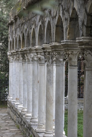 Columns from the restored cloister of Sant'Andrea 12th century, Via di Porta Soprana 12, Genoa, Italy, Europe