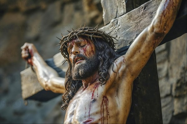 Depiction of Jesus on the cross with crown of thorns and bloodied body, symbolising suffering and crucifixion, AI generated, AI generated
