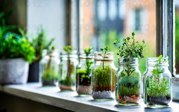 Bottle garden, several mini biotopes, eco system in glass on a windowsill, AI generated, AI generated, room, windowsill, plants, screw top jar, gardening, herbs, green, sunlight