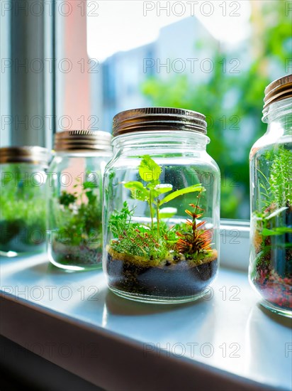 Bottle garden, several mini biotopes, eco system in glass on a windowsill, AI generated, AI generated, room, windowsill, plants, screw top jar, gardening, herbs, green, sunlight