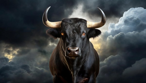 Black bull with glowing eyes in front of threatening dark clouds and stormy sky, AI generated, AI generated