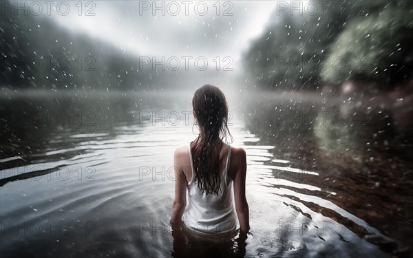Suicidal thoughts, a young depressive woman with suicidal intent stands in the water by a lake in the rain, AI generated, AI generated