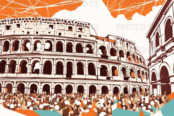 A vibrant painting capturing a bustling italian Rome cityscape, showcasing colosseum and numerous buildings in an urban landscape ai generated, AI generated