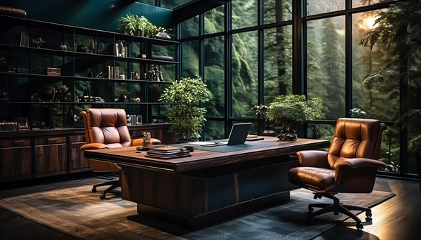 Modern and luxurious office with leather chairs, wooden desk and bookshelves, overlooking a forest at dusk, AI generated