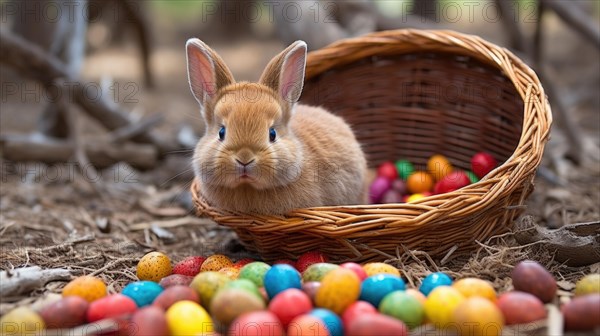 A rabbit sits near a basket spilling colorful Easter eggs onto the ground in a festive spring setting AI generated