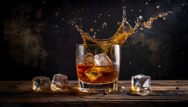 Whiskey with rocks or ice cubes in a glass with ice in a dark wooden background. AI Generated, AI generated