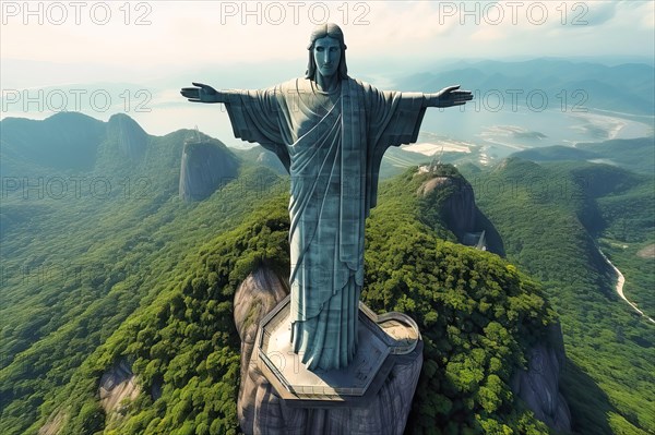 Drone view of Jesus Christ the Redeemer statue, Corcovado Mountain, Rio de Janeiro, Brazil, AI Generated, AI generated, South America