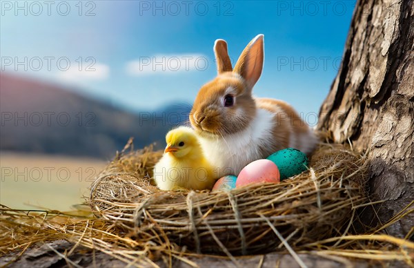 Easter, the Easter bunny and a chick sit in an Easter nest with colourful Easter eggs, AI generated, AI generated