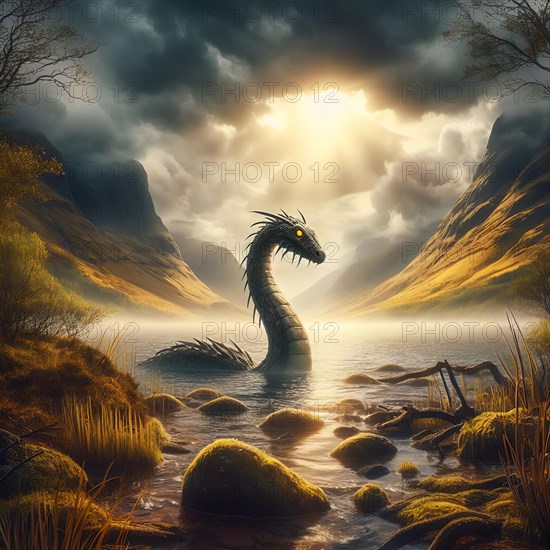 Mythology, the mythical creature Nessie, the Loch Ness monster, in Loch Ness in Scotland, AI generated, AI generated