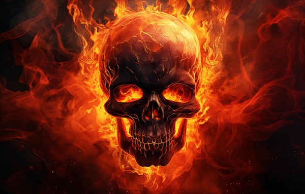 Spooky and scary burning skull on a dark background. Perfect for Halloween or horror-themed projects, AI generated