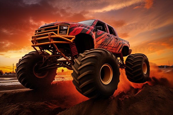 Monster truck driving outdoors amidst a cloud of dust. Thrill and adrenaline of an outdoor racing event on off-road terrain at dramatic sunset, AI generated