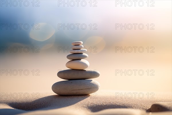 Zen stones stack on sand waves in a minimalist setting for balance and harmony. Balance, harmony, and peace of mind, wellness, meditation, and spirituality concept, AI generated