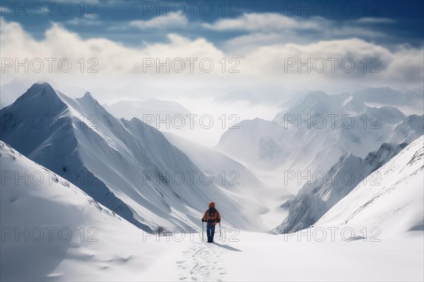 A mountaineer in mountains approaching a majestic snowy mountain peak amidst a snowfall and snow storm. Solitude and determination, adventure and challenge of climbing in extreme conditions, AI generated