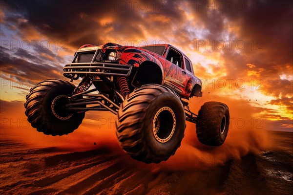 Monster truck driving and jumping outdoors amidst a cloud of dust. Thrill and adrenaline of an outdoor racing event on off-road terrain at dramatic sunset, AI generated
