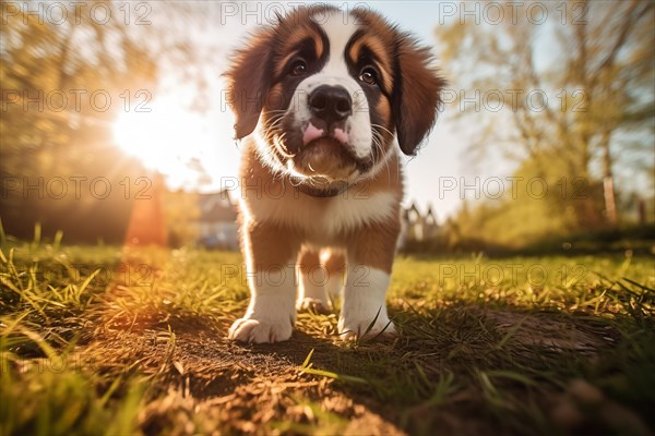 A curious cute Saint Bernard puppy with expressive eyes and floppy ears, exploring the outdoors on a sunny day, AI generated