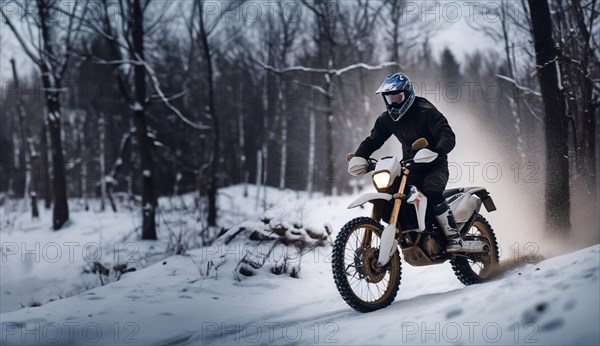 Motocross on an enduro motorcycle in the snow in winter, a motorcyclist in equipment and a helmet rides off-road, AI generated