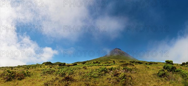 Panoramic view of the Pico volcano surrounded by green meadows and clear skies, Highlands, Pico Island, Azores, Portugal, Europe