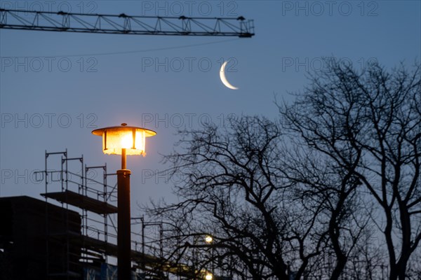 Street lamp, behind it construction crane and crescent of the moon, Magdeburg, Saxony-Anhalt, Germany, Europe