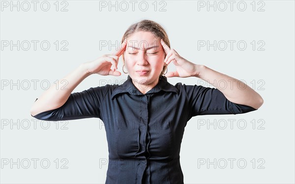 People suffering from migraine on isolated background. Headache concept. Young woman with headache isolated