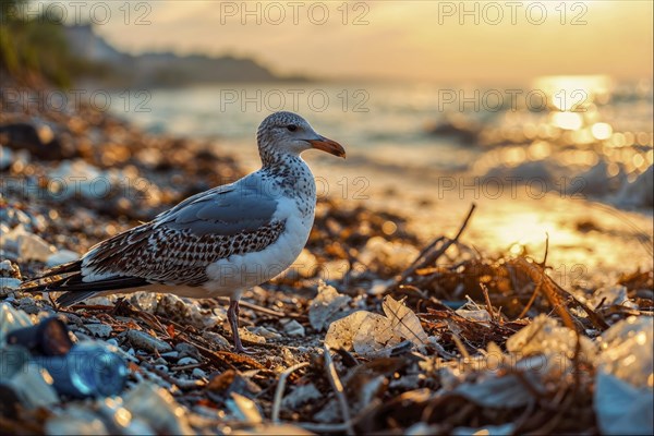 A seagull (Larinae) stands on a beach littered with rubbish at sunset overlooking the sea, AI generated, AI generated