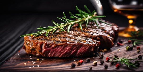 Succulent grilled steaks seasoned with rosemary and peppercorns on a wooden background AI generated