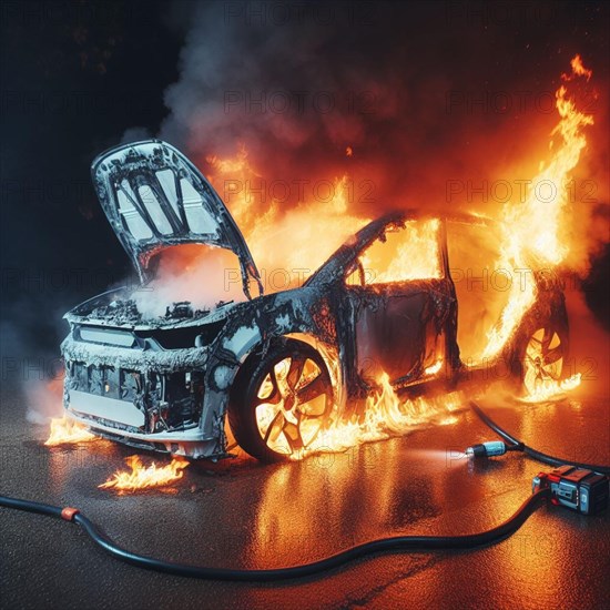 A firefighter in full gear uses a hose with chemical white foam to extinguish flames engulfing hybrid electric petrol vehicle car amidst a urban landscape, with emergency response evident, ai generated, AI generated