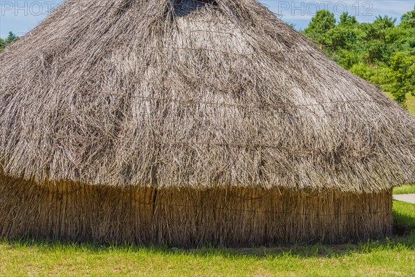 Buyeo, South Korea, July 7, 2018: Closeup of large straw thatch building in traditional Korean village in public park at at Neungsa Baekje Temple. For editorial use only, Asia